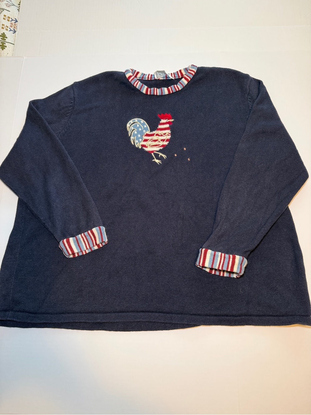 CJ Banks Navy Knit Top with Red, Light Blue and Cream Striped Trim